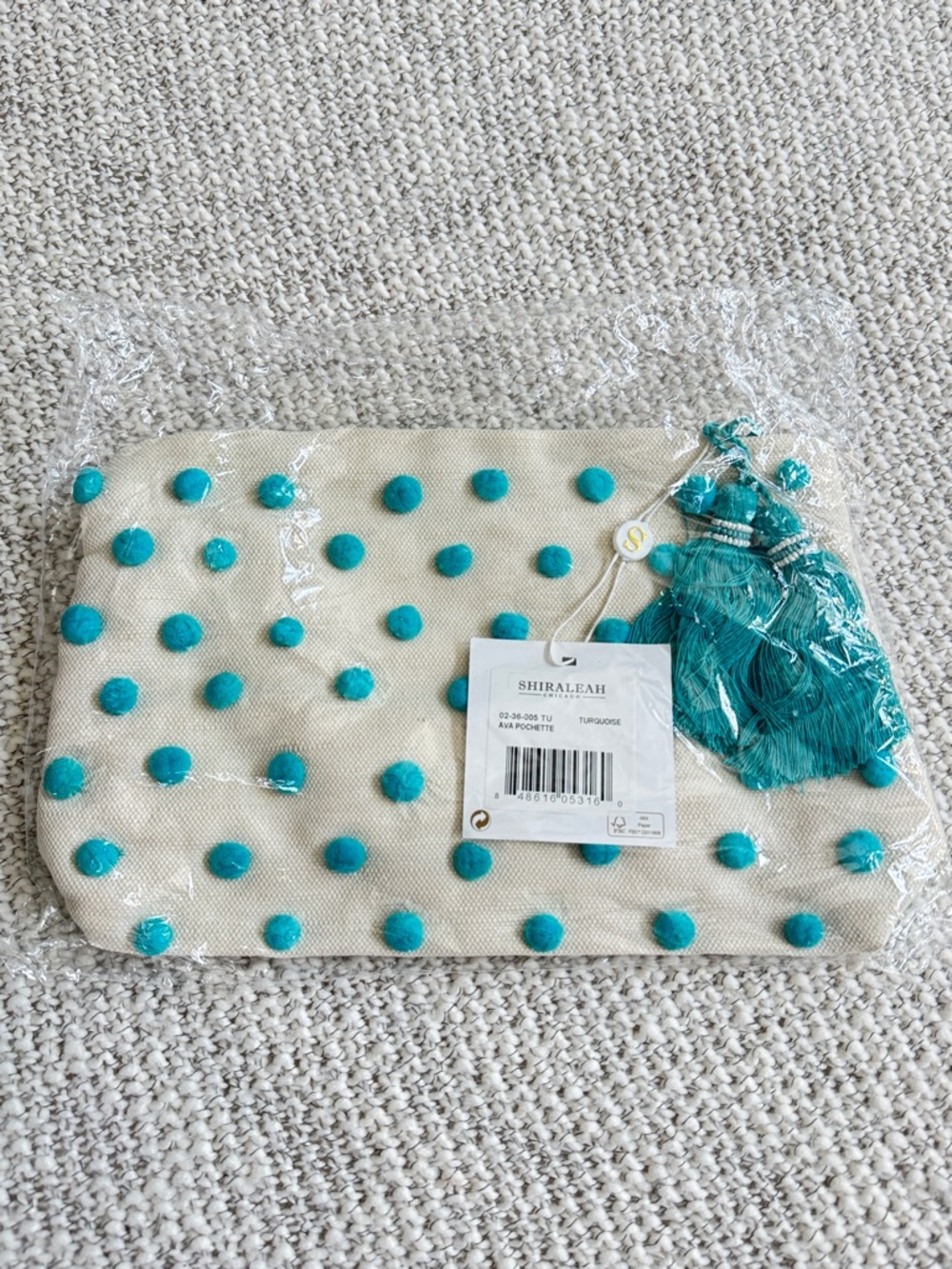 Shiraleah Cream Pouch with Turquoise Pom Pom Accents and Tassel NWT
